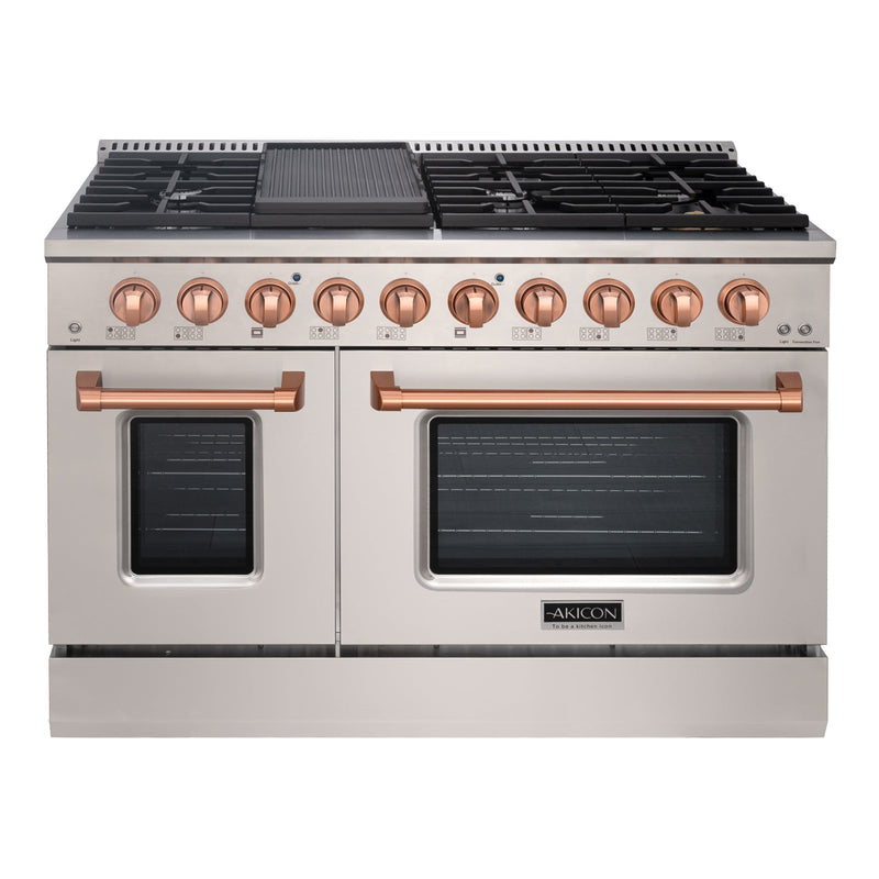 Akicon 48" Slide-in Freestanding Professional Style Gas Range with 6.7 Cu. Ft. Oven, 8 Burners, Convection Fan, Cast Iron Grates. Stainless Steel & Gold