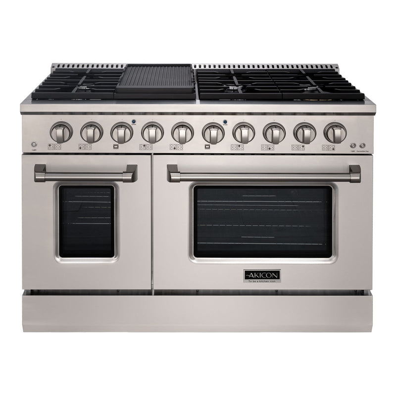 Akicon 48" Slide-in Freestanding Professional Style Gas Range with 6.7 Cu. Ft. Oven, 8 Burners, Convection Fan, Cast Iron Grates. Stainless Steel & Copper