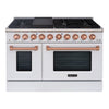 Akicon 48" Slide-in Freestanding Professional Style Gas Range with 6.7 Cu. Ft. Oven, 8 Burners, Convection Fan, Cast Iron Grates. White & Gold