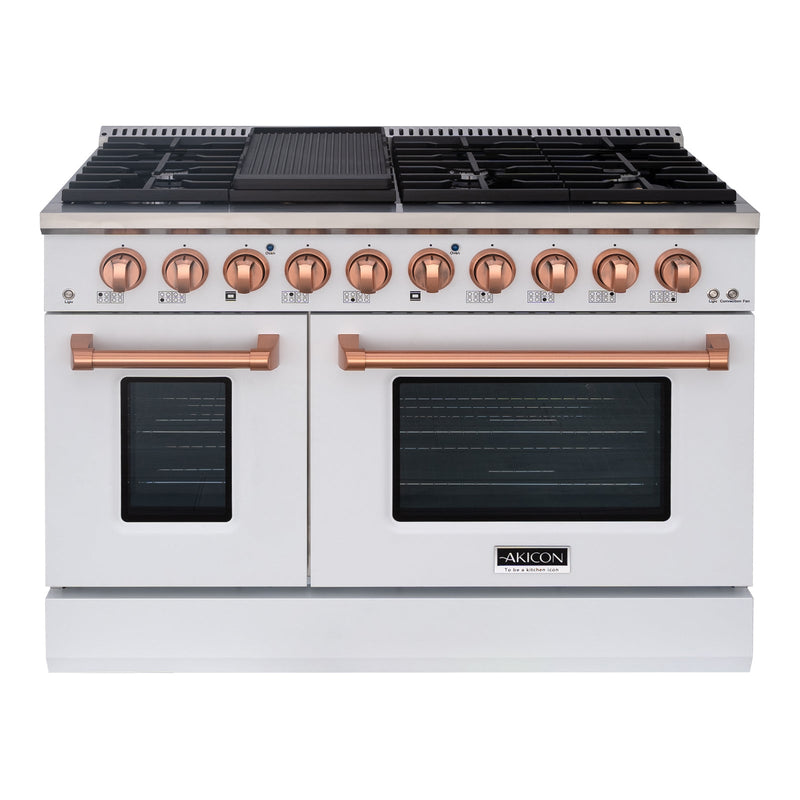 Akicon 48" Slide-in Freestanding Professional Style Gas Range with 6.7 Cu. Ft. Oven, 8 Burners, Convection Fan, Cast Iron Grates. White & Copper