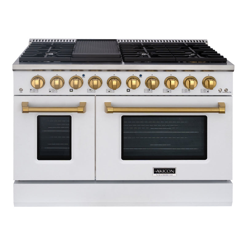 Akicon 48" Slide-in Freestanding Professional Style Gas Range with 6.7 Cu. Ft. Oven, 8 Burners, Convection Fan, Cast Iron Grates. White & Gold