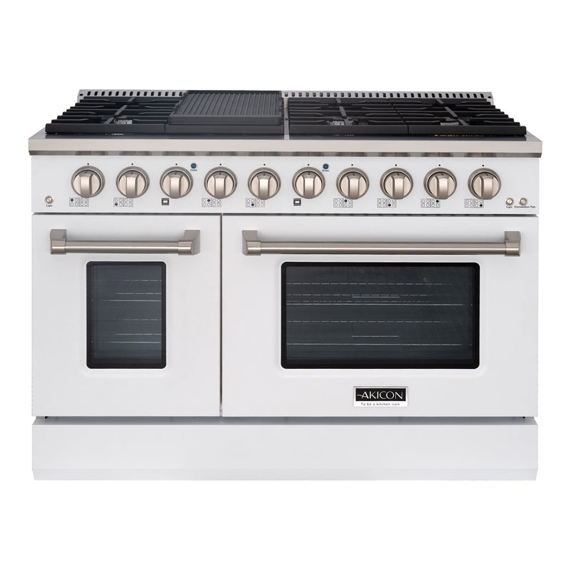Akicon 48" Slide-in Freestanding Professional Style Gas Range with 6.7 Cu. Ft. Oven, 8 Burners, Convection Fan, Cast Iron Grates. White & Stainless Steel