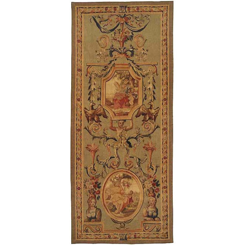 35" x 86" Hand woven aubusson tapestry with backing and rod pocket.