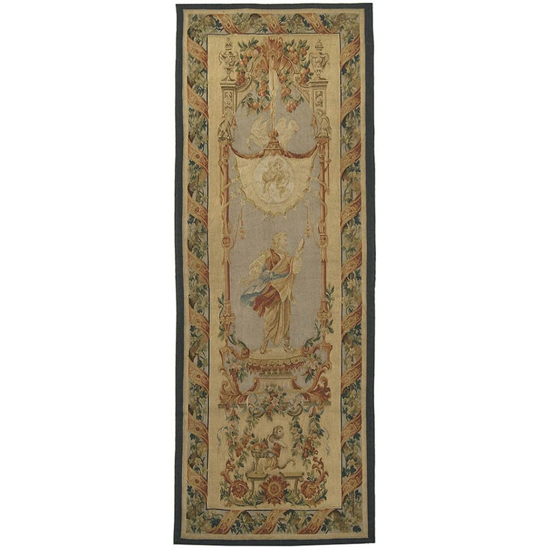 29" x 76" Hand woven aubusson tapestry with backing and rod pocket.