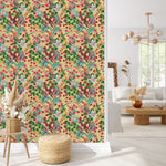 Yellow Wallpaper with Flowers and Cherries