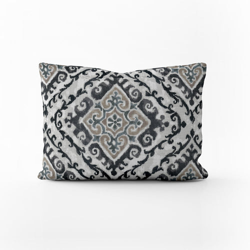Decorative Pillows in Feabhra Slate Gray Diamond Medallion- Blue, Tan, Large Scale