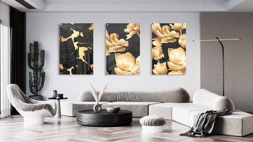 Golden Flowers Set of 3 Prints Modern Wall Art Modern Artwork