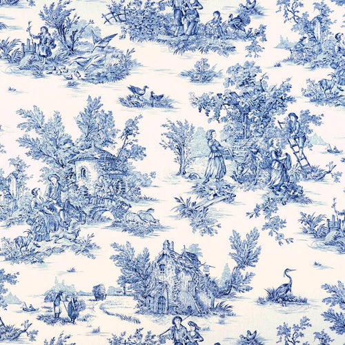 Gathered Bedskirt in Pastorale #2 Blue on Cream French Country Toile