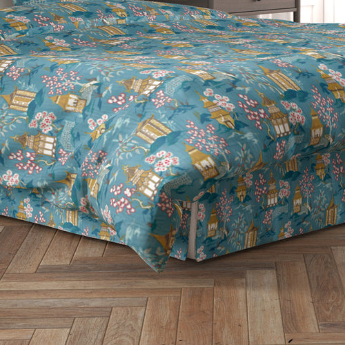 Tailored Bedskirt in Shoji Azure Blue Oriental Toile Multicolor Chinoiserie