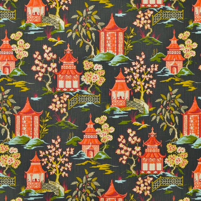 Gathered Bedskirt in Shoji Lacquer Oriental Toile, Multicolor Chinoiserie