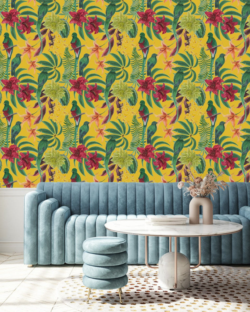 Yellow Wallpaper with Parrots