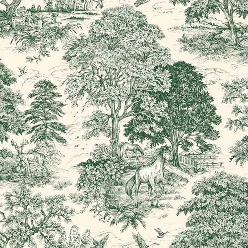 Tailored Valance in Yellowstone Classic Green Country Toile- Horses, Deer, Dogs- Large Scale