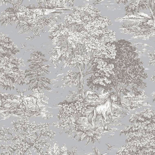 Tailored Valance in Yellowstone Dove Blue Gray Country Toile- Horses, Deer, Dogs- Large Scale