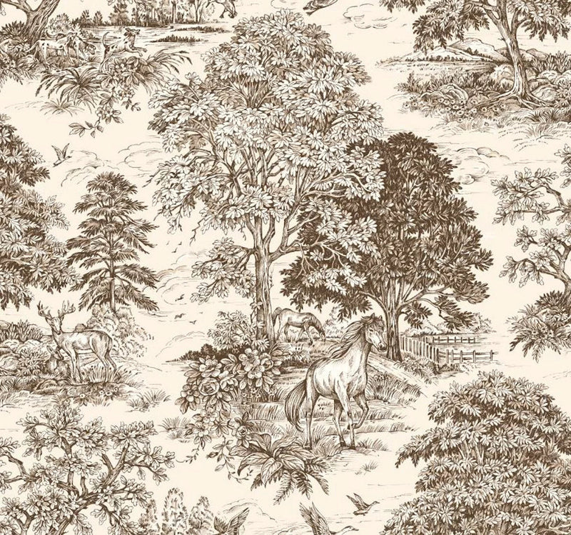Round Tablecloth in Yellowstone Driftwood Brown Country Toile- Horses, Deer, Dogs- Large Scale