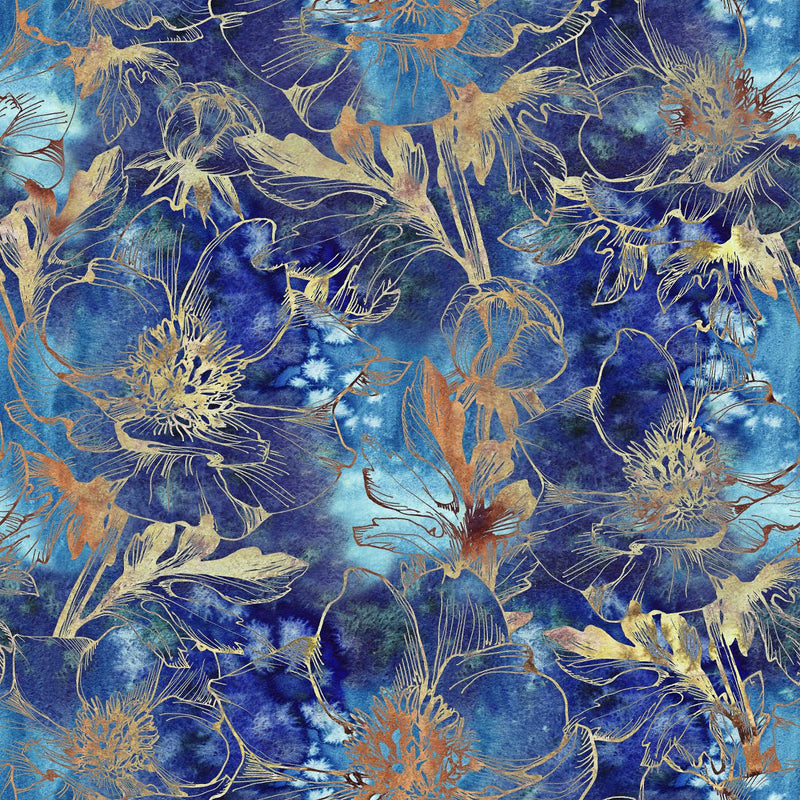 Dark Blue and Gold Floral Wallpaper