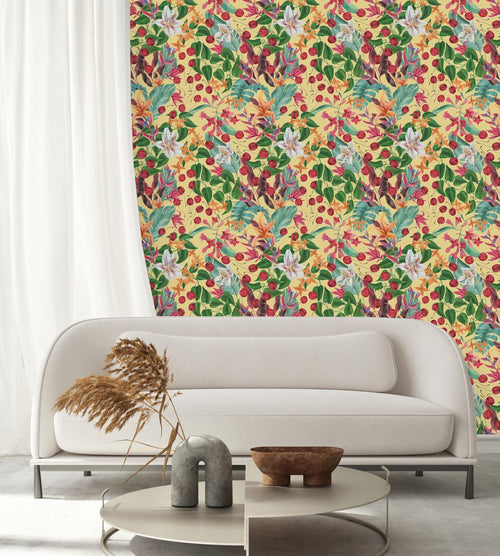 Yellow Wallpaper with Flowers and Cherries
