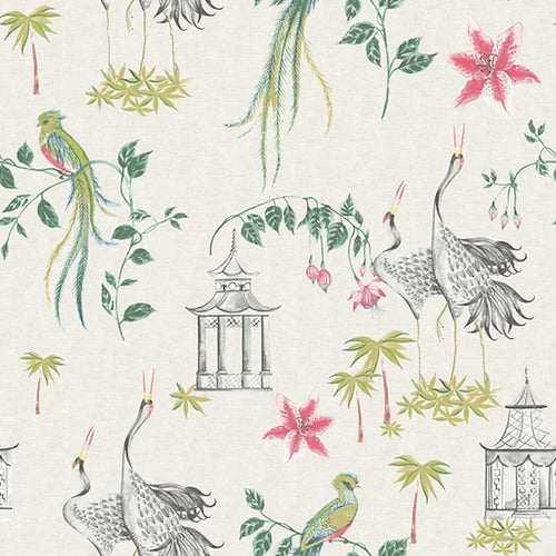 Tailored Bedskirt in Let It Crane Avocado Oriental Toile, Multicolor Chinoiserie