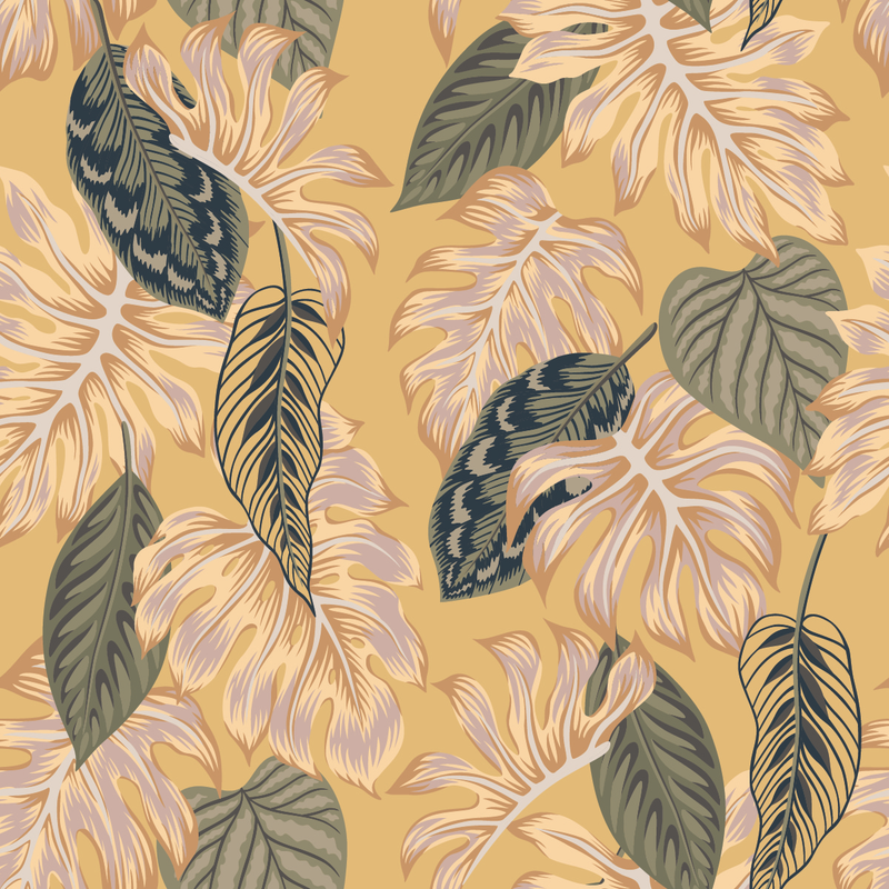 Yellow Wallpaper with Leaves Pattern