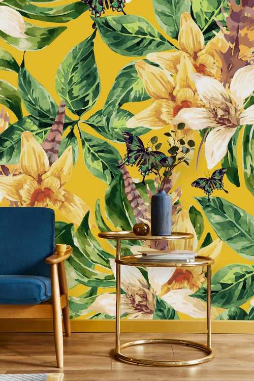Yellow Wallpaper with Green Leaves