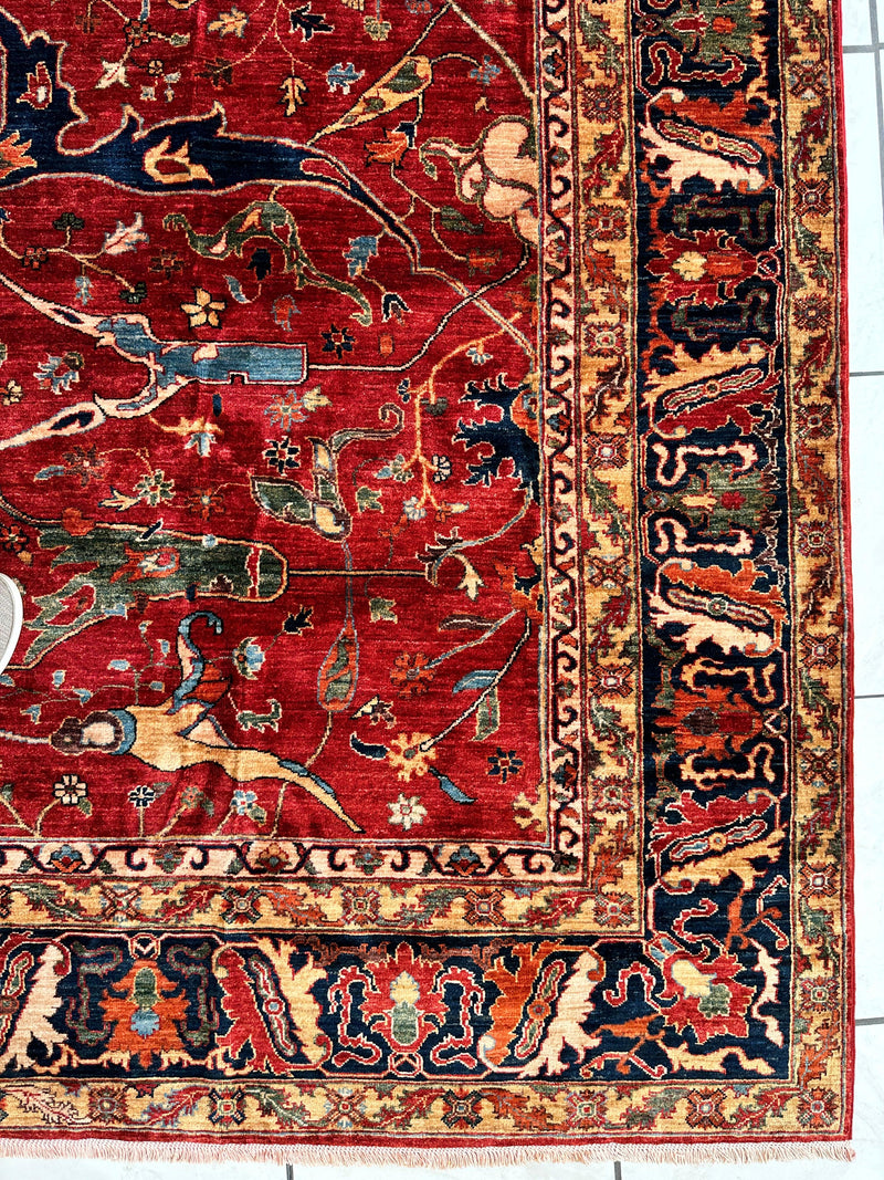 Hand-Knotted Afghani Bidjar Wool Rug – 9’x12’6” – Intricate Geometric & Floral Motifs