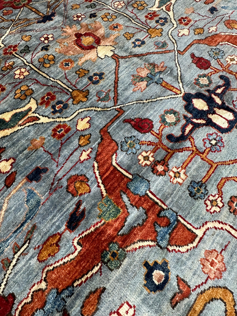 Hand-Knotted Trasitional Serapi Ghazni Wool Rug – 9’1” x 12’ – Intricate Floral Design