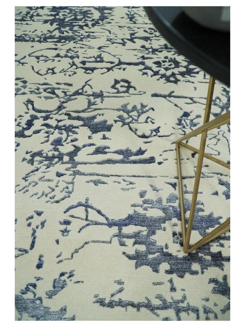 8x10 Hand knotted Ivory and Blue Modern Abstract Wool and Bamboo Silk Area Rug | TRDCP489810