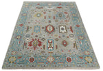 10x14 All Wool Traditional Silver and Blue Vibrant Colorful Hand knotted Oushak Area Rug