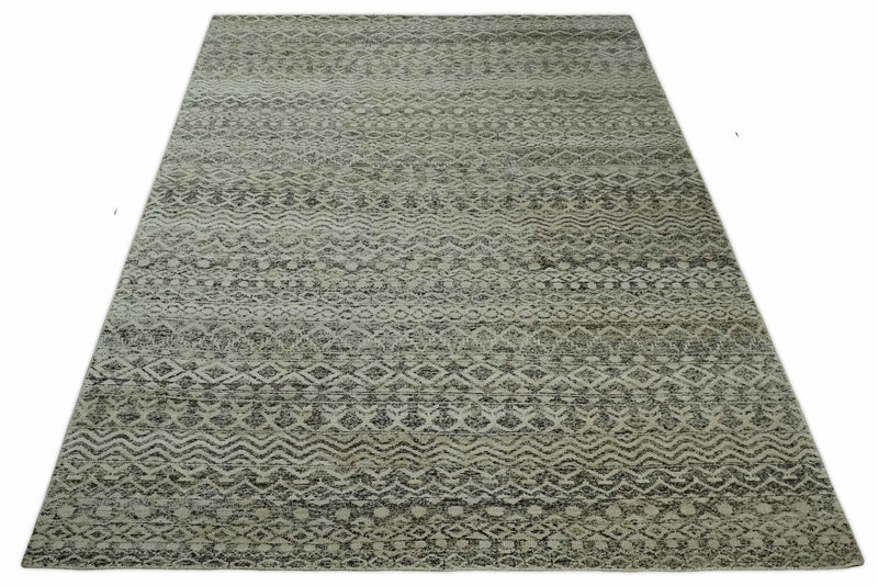 10x14 Hand Knotted Ivory, Black and Olive Modern Contemporary Southwestern Tribal Trellis Recycled Silk Area Rug | OP50