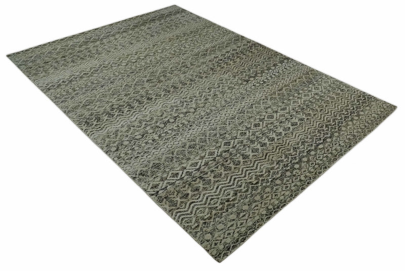 10x14 Hand Knotted Ivory, Black and Olive Modern Contemporary Southwestern Tribal Trellis Recycled Silk Area Rug | OP50
