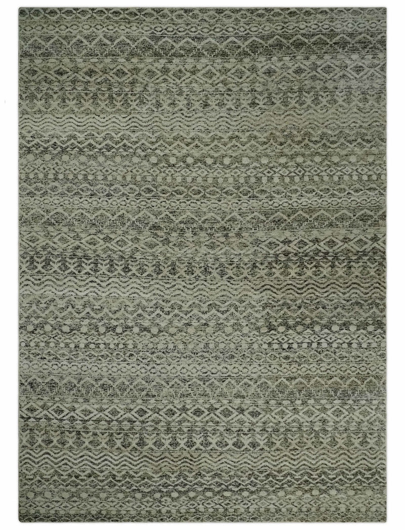 10x14 Hand Knotted Ivory, Black and Olive Modern Contemporary Southwestern Tribal Trellis Recycled Silk Area Rug | OP50