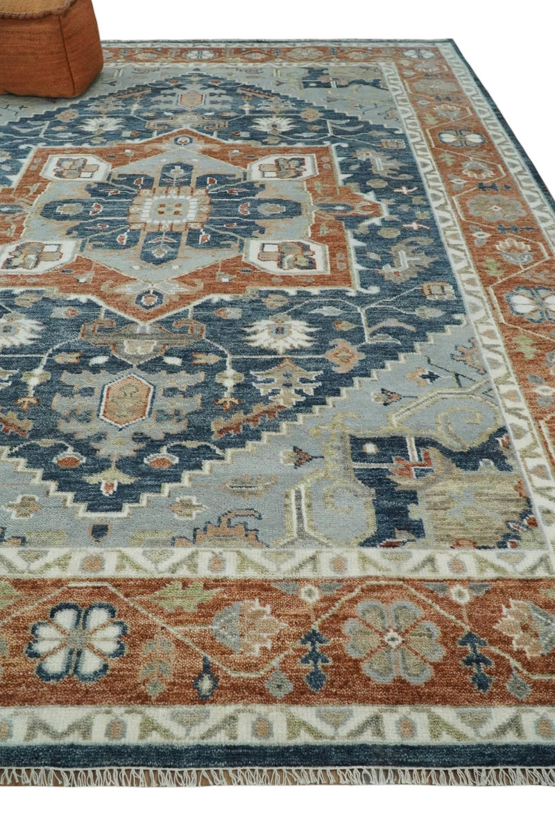 10x14 Hand Knotted Rust and Blue Traditional Persian Vintage Heriz Serapi Wool Rug | TRDCP5521014