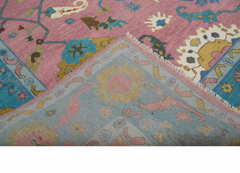 10x14 Wool Traditional Persian Pink and Blue Vibrant Colorful Hand knotted Oushak Area Rug | TRDCP7401014