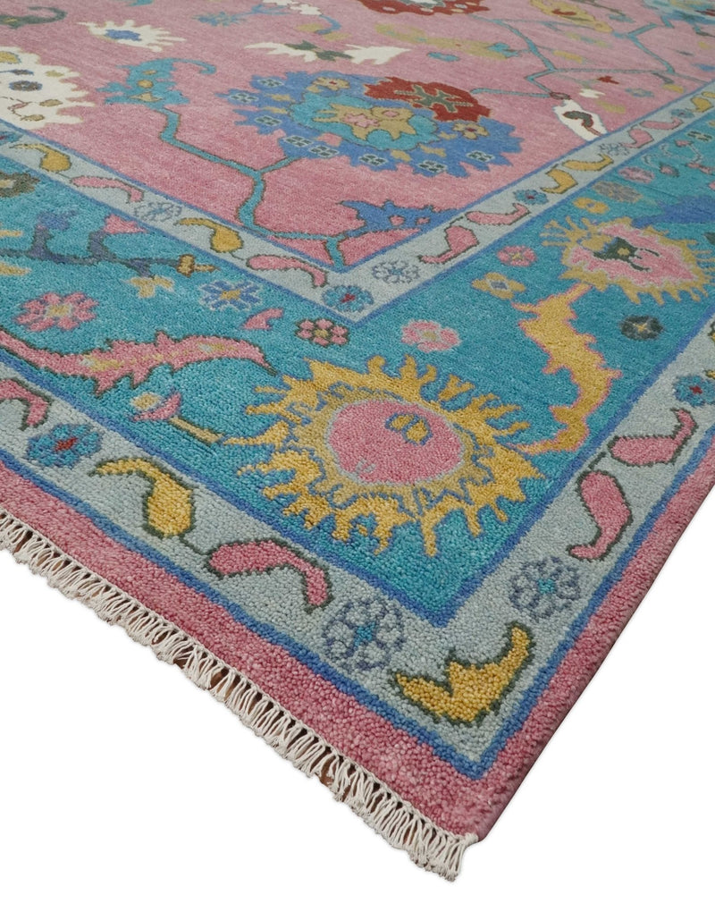 10x14 Wool Traditional Persian Pink and Blue Vibrant Colorful Hand knotted Oushak Area Rug | TRDCP7401014