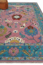 10x14 Wool Traditional Persian Pink and Blue Vibrant Colorful Hand knotted Oushak Area Rug | TRDCP7401014