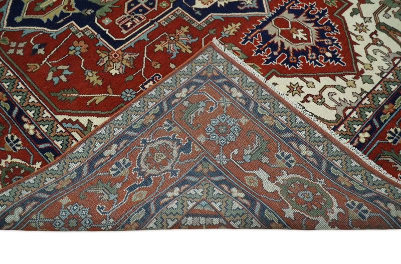 12x15 Hand Knotted Red and Ivory Traditional Heriz Serapi Antique Wool Rug | TRDCP4251215