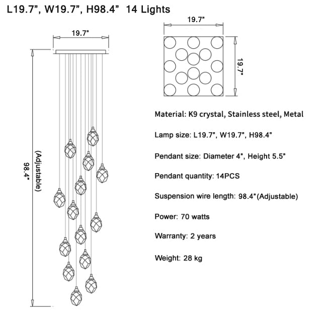 MIRODEMI® Luxury diamond crystal chandelier for staircase, living space, stairwell