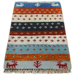 1.5x2 Blue Red and White Wool Hand Knotted traditional Vintage Antique Southwestern Gabbeh Rug| TRDCP353152