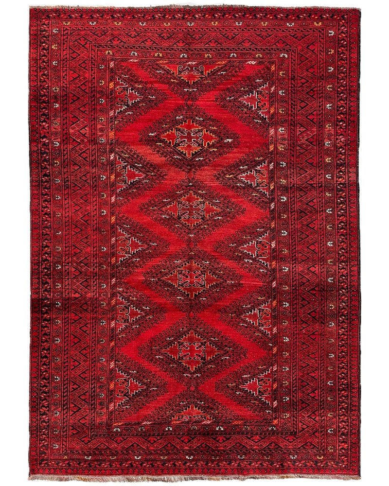 Hand-Knotted Afghan Turkoman Waziri Wool Rug – 6'9" x 9'6" – Vintage Red Elegance
