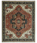 8x10 and 9x12 Wool Hand Knotted Heriz Serapi Black, Rust and Ivory Floral Area Rug | TRDCP1063