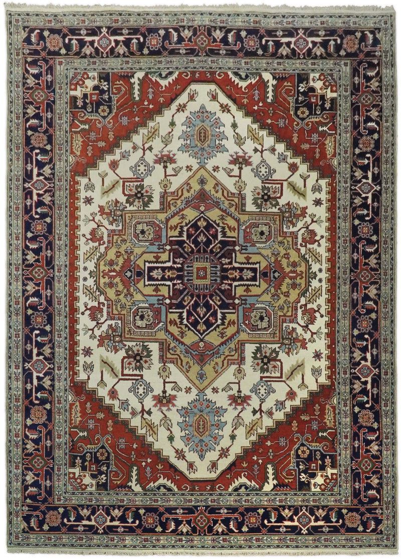 8x8, 8x10, 9x12,10x14 and 12x15 Hand Knotted Ivory and Blue Traditional Heriz Serapi Antique Wool Rug | TRDCP76