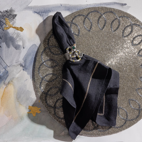 Pewter trim linen dinner napkins, black, set of two