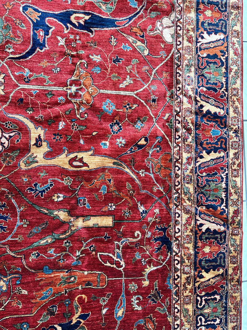Hand-Knotted Afghani Bidjar Wool Rug – 9’x12’6” – Intricate Geometric & Floral Motifs