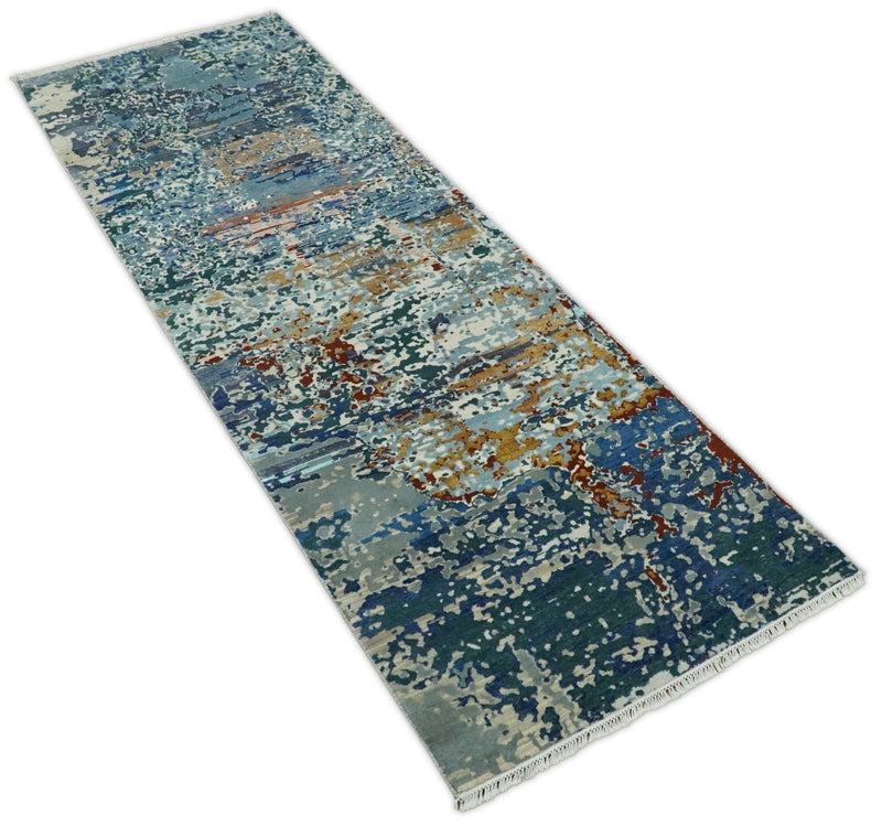 2.6x10 Fine Hand Knotted Blue Modern Abstract Wool and Silk Runner Area Rug | AGR12