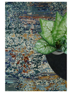 2.6x10 Fine Hand Knotted Blue Modern Abstract Wool and Silk Runner Area Rug | AGR12