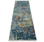 2.6x10 Fine Hand Knotted Blue Modern Abstract Wool and Silk Runner Area Rug | AGR12
