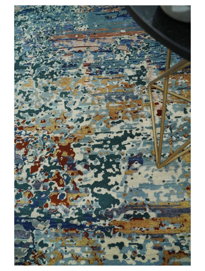 2.6x10 Fine Hand Knotted Blue Modern Abstract Wool and Silk Runner Area Rug | AGR12