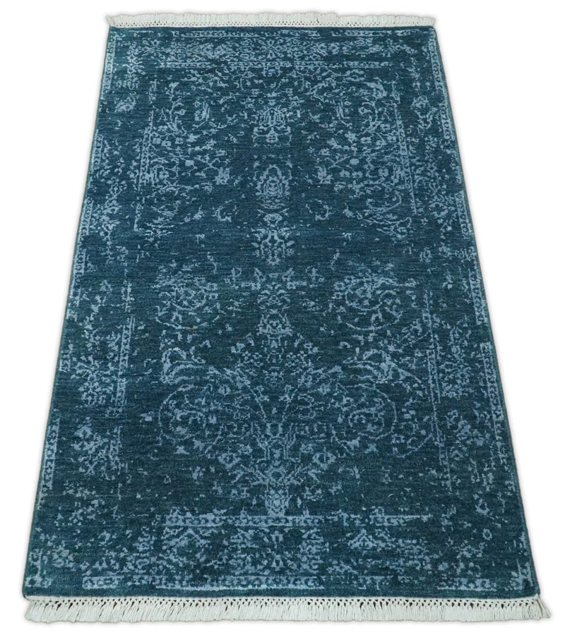 2.6x4 Fine Hand Knotted Silver and Blue Traditional Vintage Persian Style Antique Wool and Silk Rug | AGR29