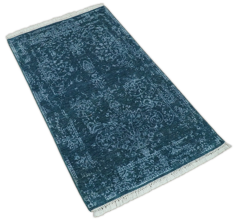 2.6x4 Fine Hand Knotted Silver and Blue Traditional Vintage Persian Style Antique Wool and Silk Rug | AGR29