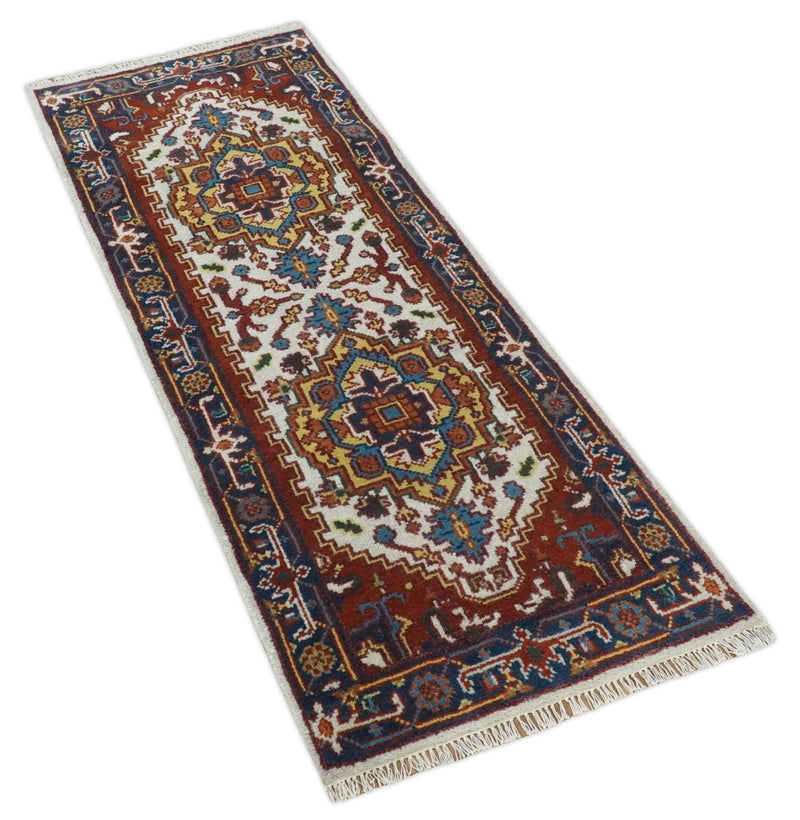 2.6x6 Hand knotted Gold, Ivory, Brown and Blue Traditional wool Area Rug