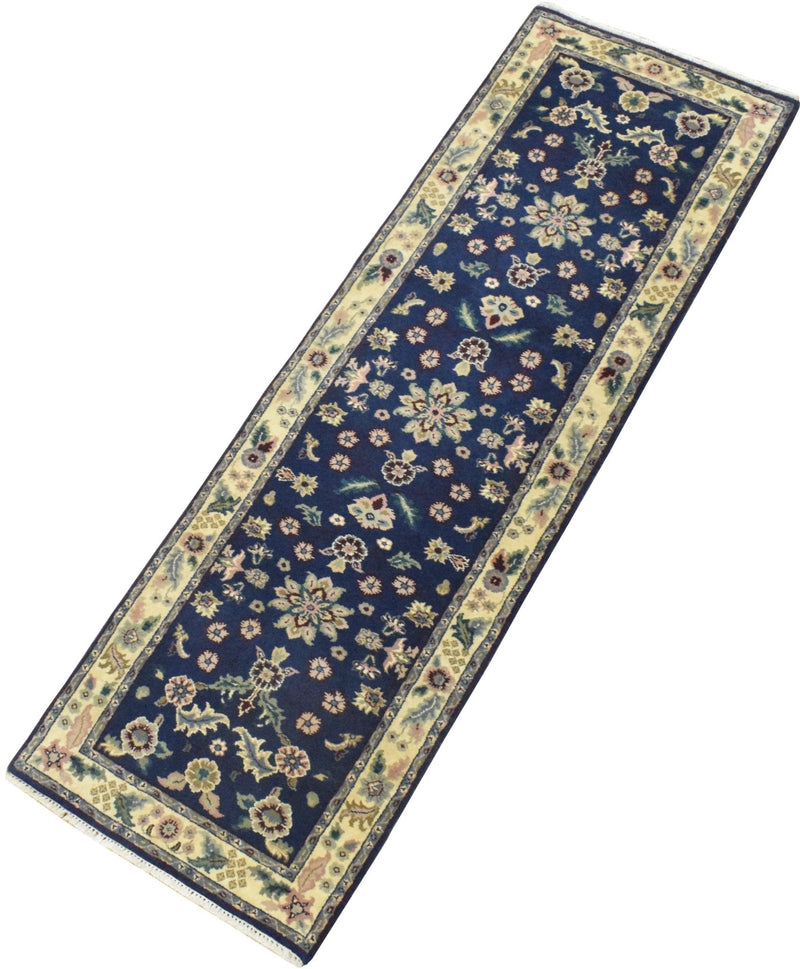 2.6x8 Blue and Beige Fine Runner Hand Knotted Area Rug | Floral Design Made with Fine Wool